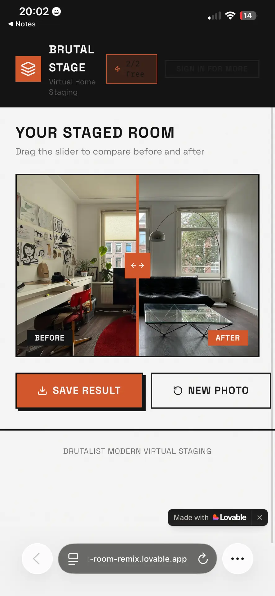 Before and after slider on a staged living room