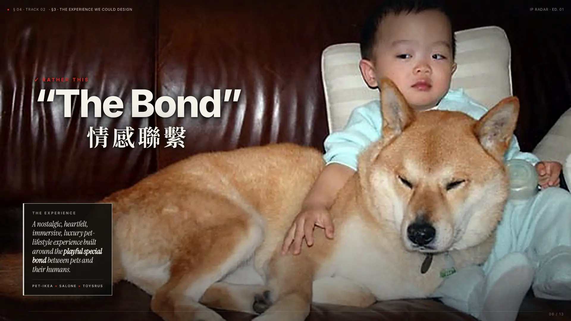 A child resting against a shiba inu on a leather sofa