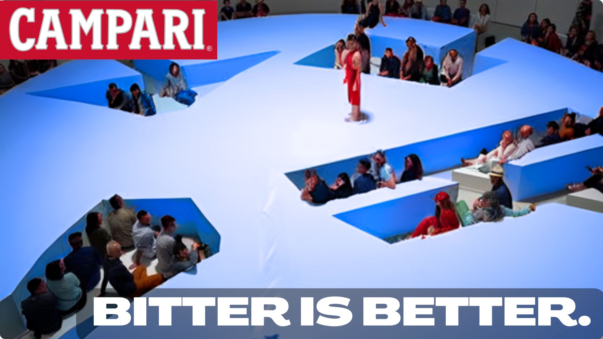 Campari 'Bitter is Better' installation: audience seated in cut-outs of a large white landscape