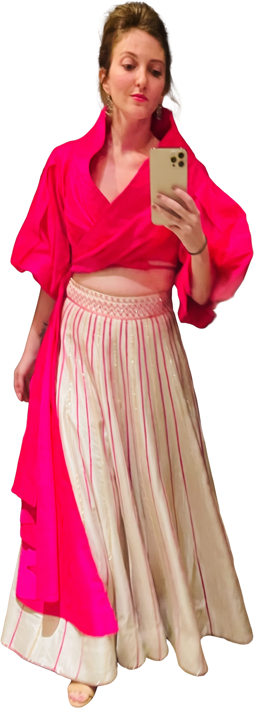Pink wrap top with a striped lehenga skirt