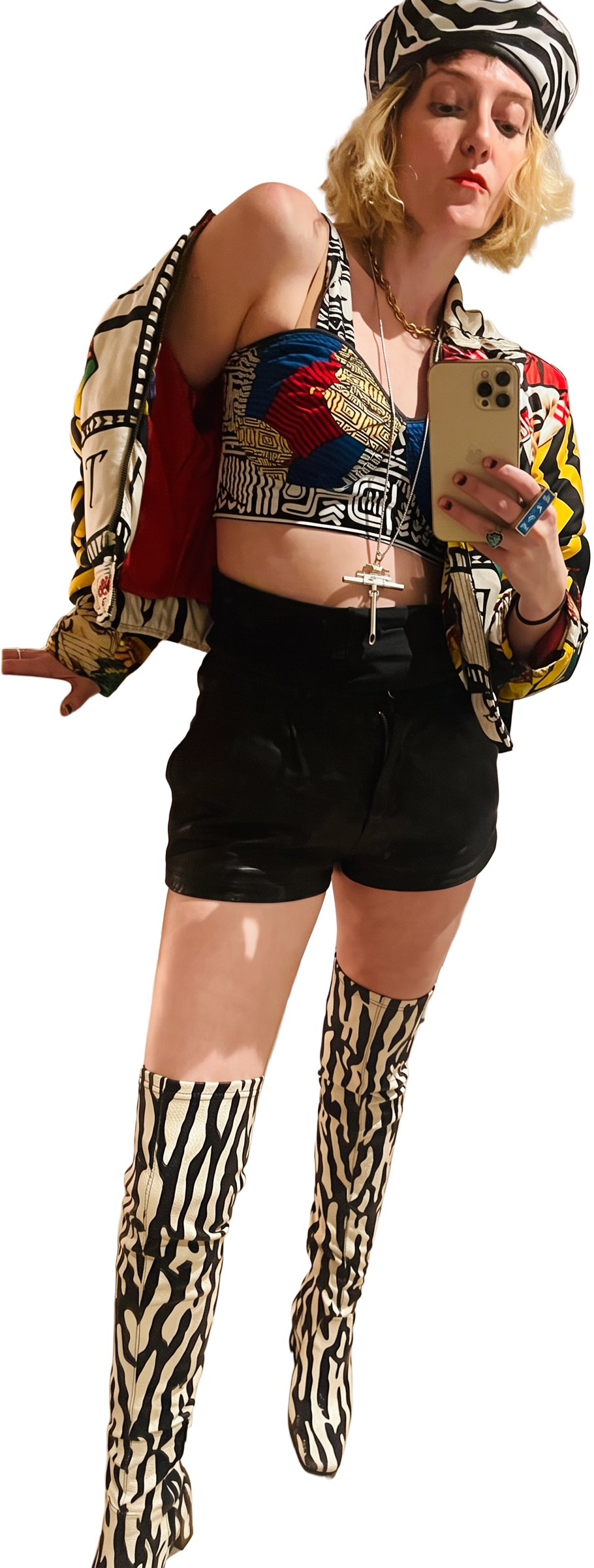 Zebra cap, graphic bomber, leather shorts and zebra thigh-high boots