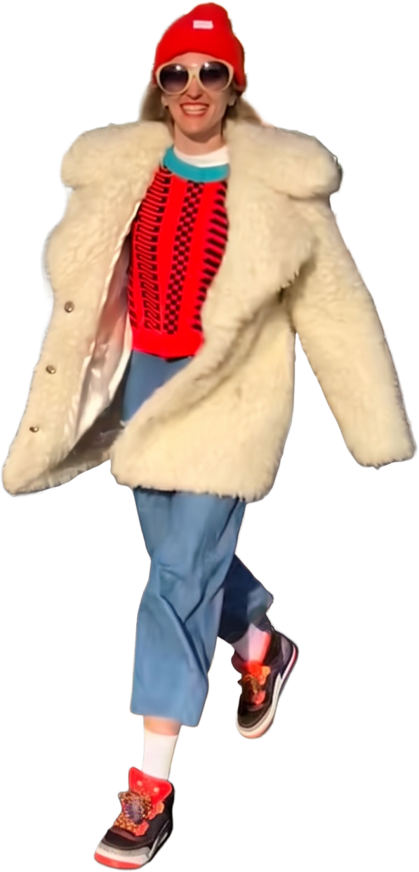 Shearling coat and red beanie